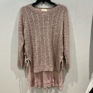 Altar’d State Rose bumpy knit sweater with lace underskirt. Side ties.
